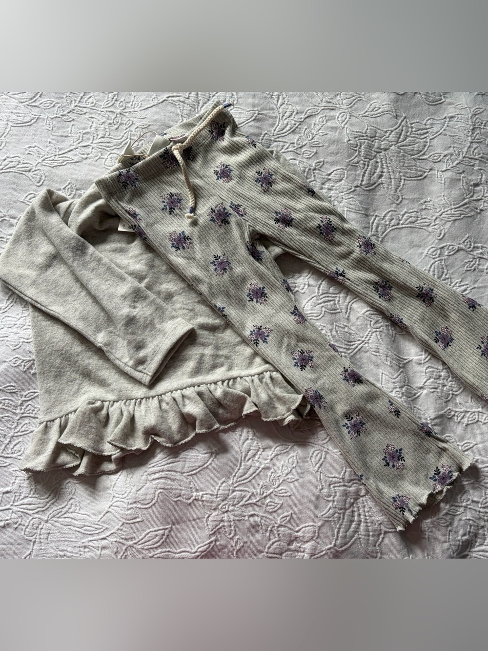 Zara Kids Floral Ribbed Leggings & Top Set - Cream with Purple Flowers 5T new